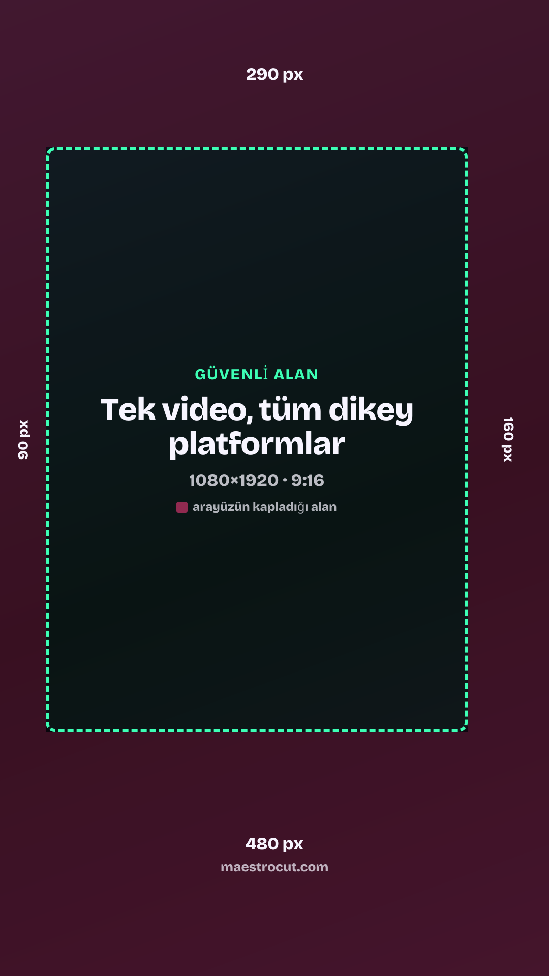 Tek video, tüm dikey platformlar güvenli alanı, 1080×1920: üst 290 px, alt 480 px, sol 90 px, sağ 160 px