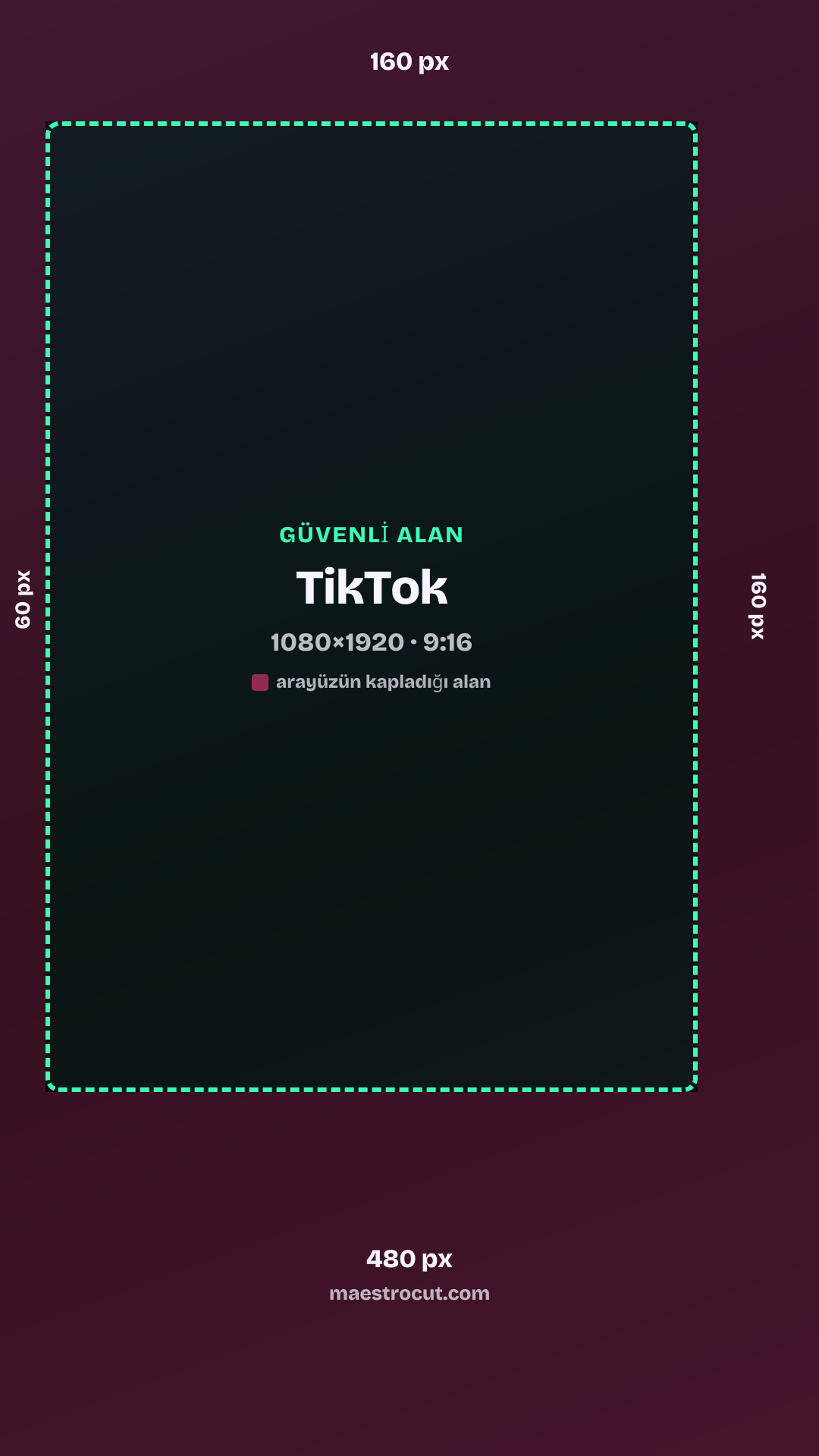 TikTok güvenli alanı, 1080×1920: üst 160 px, alt 480 px, sol 60 px, sağ 160 px